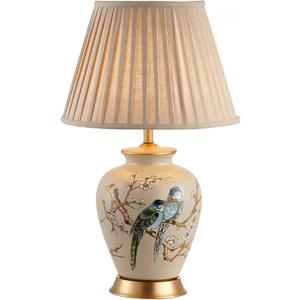 Hand-Painted Chinoiserie Lamp Flower Bird Ceramic Table Lamp American Rustic Farmhouse Desk Lamp Body with Fabric Lampshade Nightstand Lamp for Bedroom Living Room Office College Bookcase
