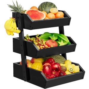 Bamboo 3 Tier Fruit Basket For Counter, Large Capacity Fruit Storage Countertop, Fruit Holder, Wooden Pantry Organizers and Storage, Kitchen Countertop Organizer With 2 Banana Hangers (Black)
