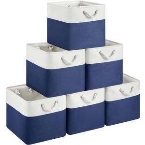 13x15x13 Storage Cube Bins, Heavy Duty Foldable Fabric Storage Bins with Handles and Metal Frame, 6 Pack Large Closet Organizer Bins for Clothes, Socks, Towels, White Blue