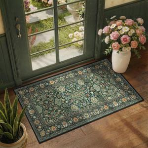 Dark Green Runner Rug 2x4 Rugs Boho Small Washable Runner Rugs for Entryway Bathroom Kitchen, Small Rugs Soft Low Pile Non-Slip Rubber Backing Oriental Door Mat