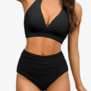 Halter V Neck Push Up Swimsuit Padded High Waisted Ruched Bottom Two Piece Bikini Set Bathing Suit for Women