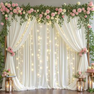 Ivory Backdrop Curtains with Lights for Wedding Parties,10x10FT Wrinkle Free Photo Backdrop Curtains Fabric Drapes for Baby Shower Ceremony Photography Photoshoot Decorations-5ft x 10ft 2 Panels