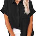 Womens Cotton Linen Button Down Shirts Short Sleeve Dress Shirts Casual Summer Tops Blouses with Pockets (Black, M)