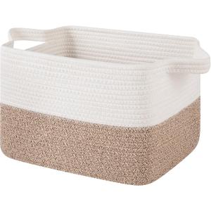 OIAHOMY Woven Storage Basket for Shelves, Rectangle Cotton Rope Baskets for Organizing, 13 x 10 x 9 in, Storage Bins for Dog Toys,Towel,Books,Gift,Brown and White