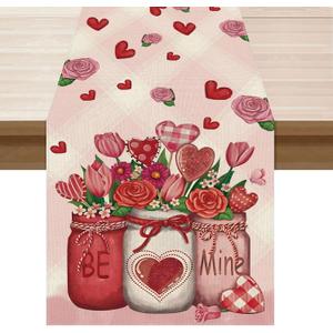 XCHI Roses Flowers Love Hearts Vase Valentines Day Table Runner Table Decoration for Party Home Kitchen Dining Dinner Holiday Decor 13x36 Inch