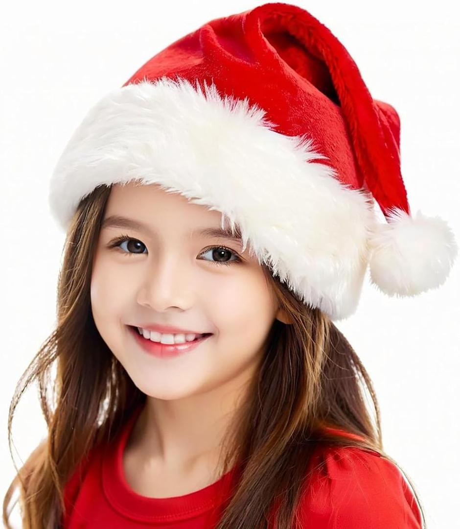 Christmas Hat, Santa Hats for Adults & Kids Red Velvet Comfort Extra Thicken Holiday Xmas Hat for New Year Festive Party