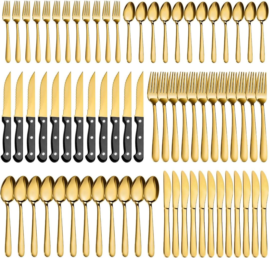 Pleafind 72Pcs Gold Silverware Set for 12 - Dishwasher Safe, Flatware Set with Steak Knives, Stainless Steel Cutlery Set, Include Forks Spoons and Knives Set, Utensil Sets for Home Restaurant