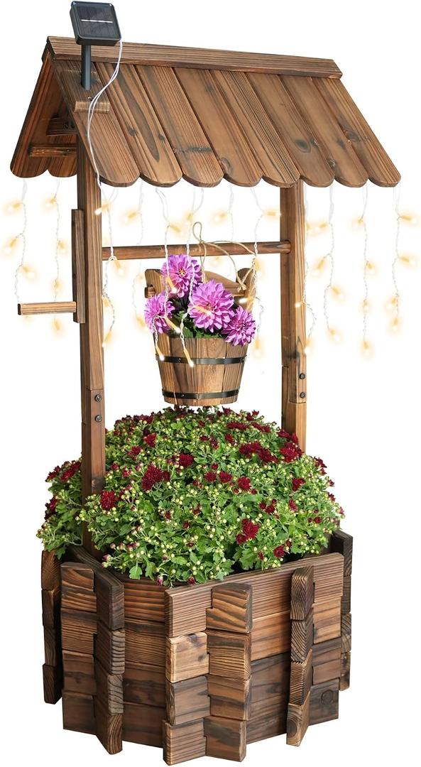 Notume Garden Wooden Decor Rustic Wishing Well with Light Planter Outdoor Home Décor for Patio, Upgrade Wishing Well Garden, Yard Hanging Bucket Patio Lawn Backyard Home Decor