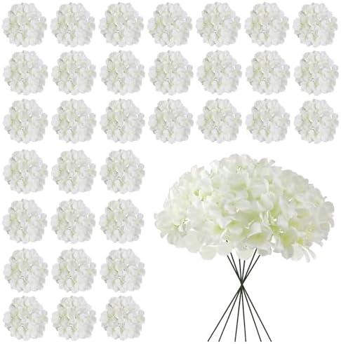 Cherica White Hydrangea Artificial Flowers Bulk, 30 Pcs Faux Hydrangea Flowers Heads, Artificial Fake Silk Hydrangea Flowers with Stems, White Flowers Artificial for Decoration Wedding Décor