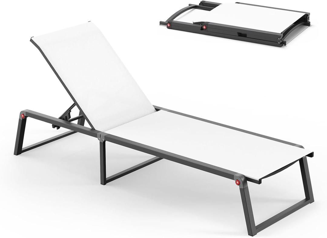 Aluminum Chaise Lounge Chair Outdoor, Foldable& No Assembly Patio Pool Lounge Chairs 5-Position Recliner for Outside, Fully Grounded Legs Sun Lounger for Poolside, Bright White, 1 Pack