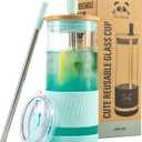 Pandaloo® Glass Cups With Lids and Straws -20 Fl Oz- Perfect Size Iced Coffee Cup - Smoothie Cup With Bamboo Lid and On the go Lid - Glass Tumbler With Straw (1 Count (Pack of 1), Carribean Blue)