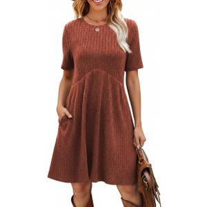 Ulovmi Women's Summer Casual Flowy A-Line Dresses Short Sleeve Ribbed Knit Swing Dress T-Shirt Sundress with Pockets (Orange, XL)