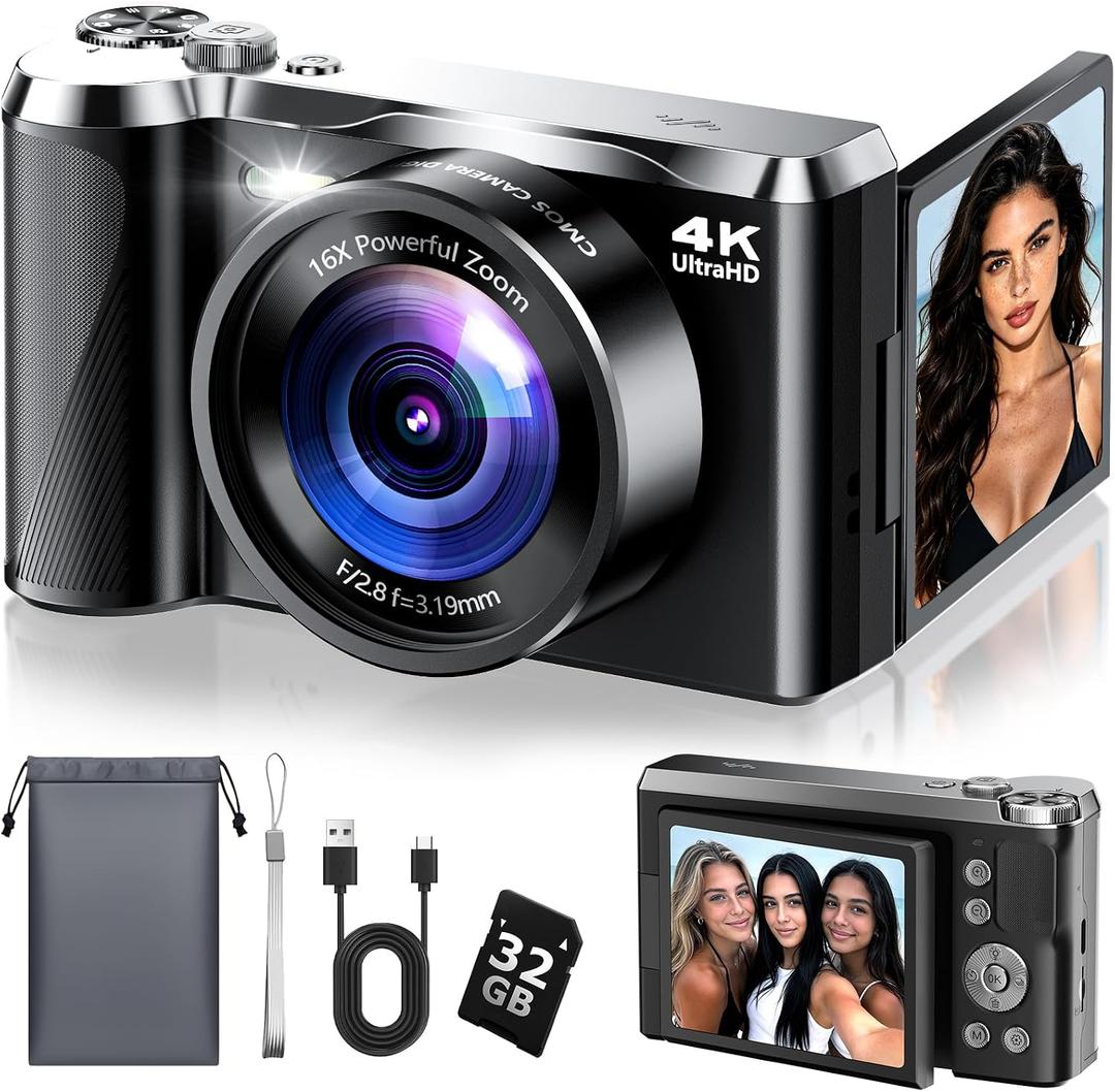 4K Digital Camera for Photography, 56MP Autofocus Vlogging Camera with 3" 180 Flip Screen, 16X Zoom, Compact Point and Shoot Camera for Beginners and Teens