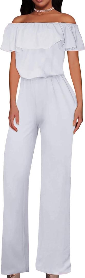 Hybrid & Company Women's Lightweight Off Shoulder Jumpsuit  Stretchy Wide Leg Romper  Casual to Formal One Piece Outfit (1X, White)