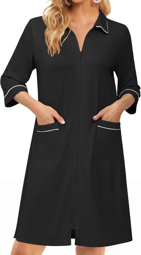 Ekouaer Zipper Robes for Women 3/4 Sleeve Housecoats Knee Length Bathrobe Lightweight Nightgown with Pockets M