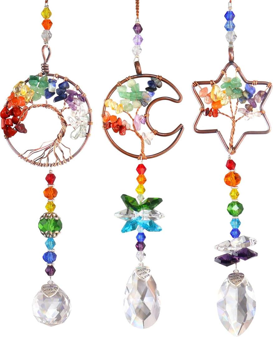 3pcs Rainbow Chakra Crystal Suncatcher Windows Hanging Tree of Life Sun Catchers Decor with Prisms for Car, Feng Shui Charms Decor for Home (Style1)