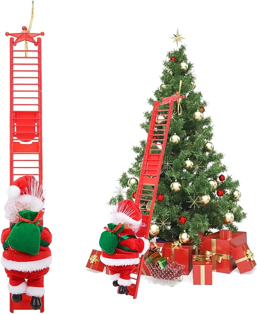Santa Climbing Ladder to Tree Climbing Santa Up and Down Santa Claus on Ladder Climber Musical Animated Holiday Party Home Wall Christmas Tree Decoration Xmas Ornament Santa Claus Figurines Climber
