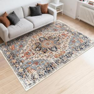 Area Rugs Washable Non-Slip, Floral Vintage Distress Print Pattern Medallion Carpet for Living Room Bedroom Dining Room, Beige Navy Blue Orange Colorful (Blue, 5' x 7')