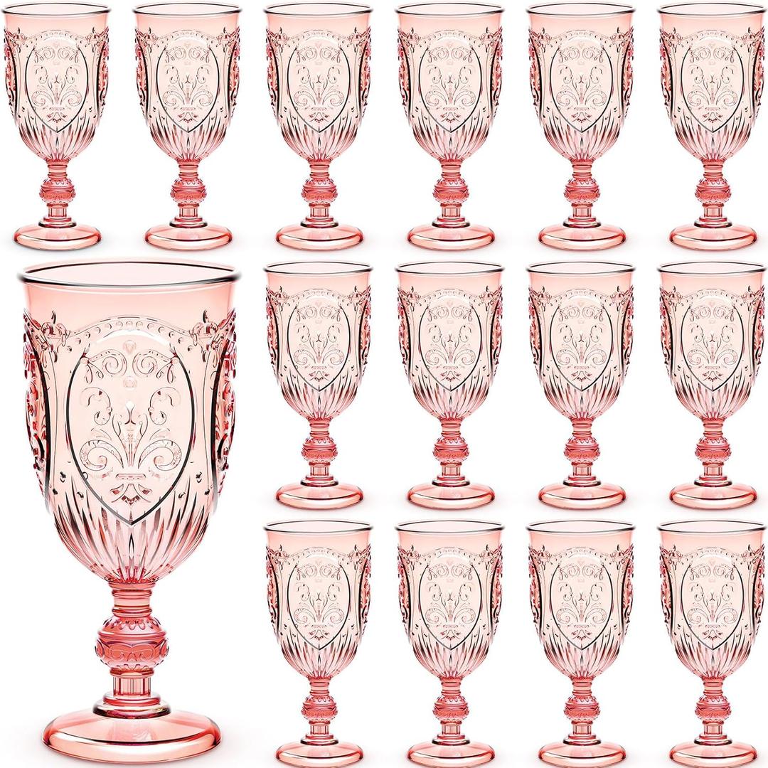 Wiwiqing 24 Pcs Plastic Goblets 7.5oz Vintage Goblet Plastic Wine Glasses Colored Retro Embossed Water Goblets for Wine Bar Juice Baby Shower Wedding Reception Grand Event Party (Pink)