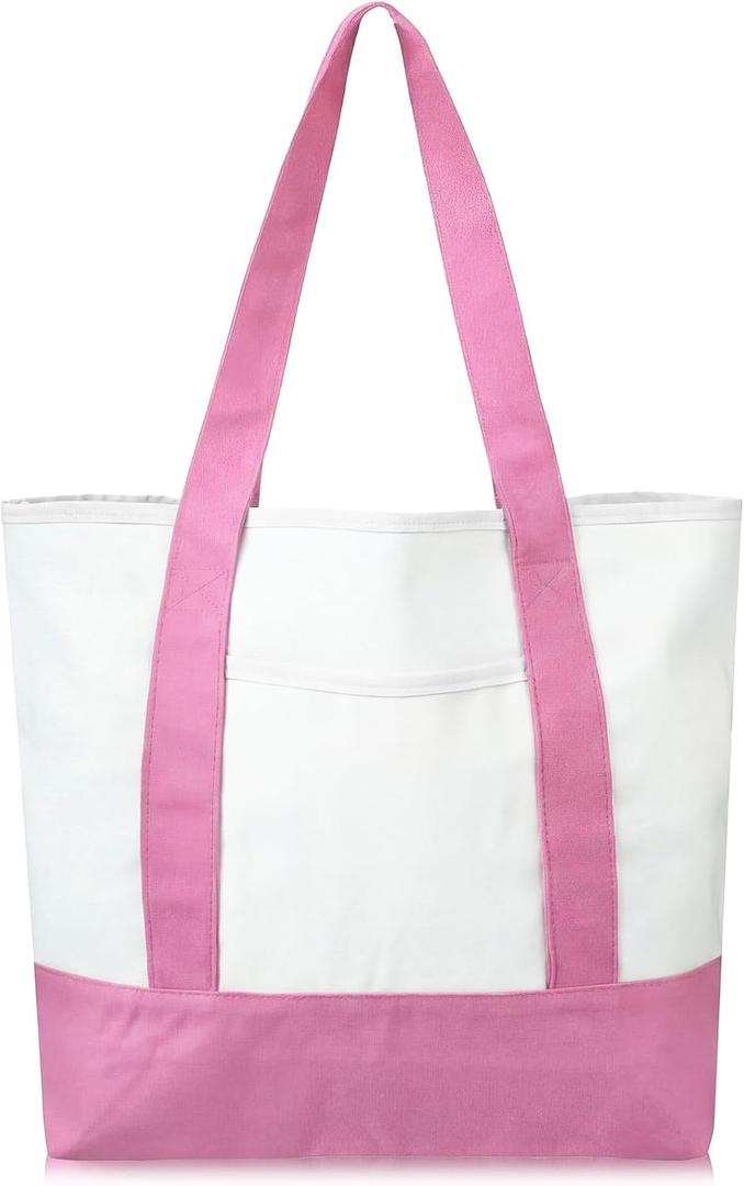 Reginary 1 Piece Canvas Tote Bags Bulk with Outer Pocket 18 Inch Reusable Shopping Grocery Blank Tote Bag for Women Mother DIY (Pink)