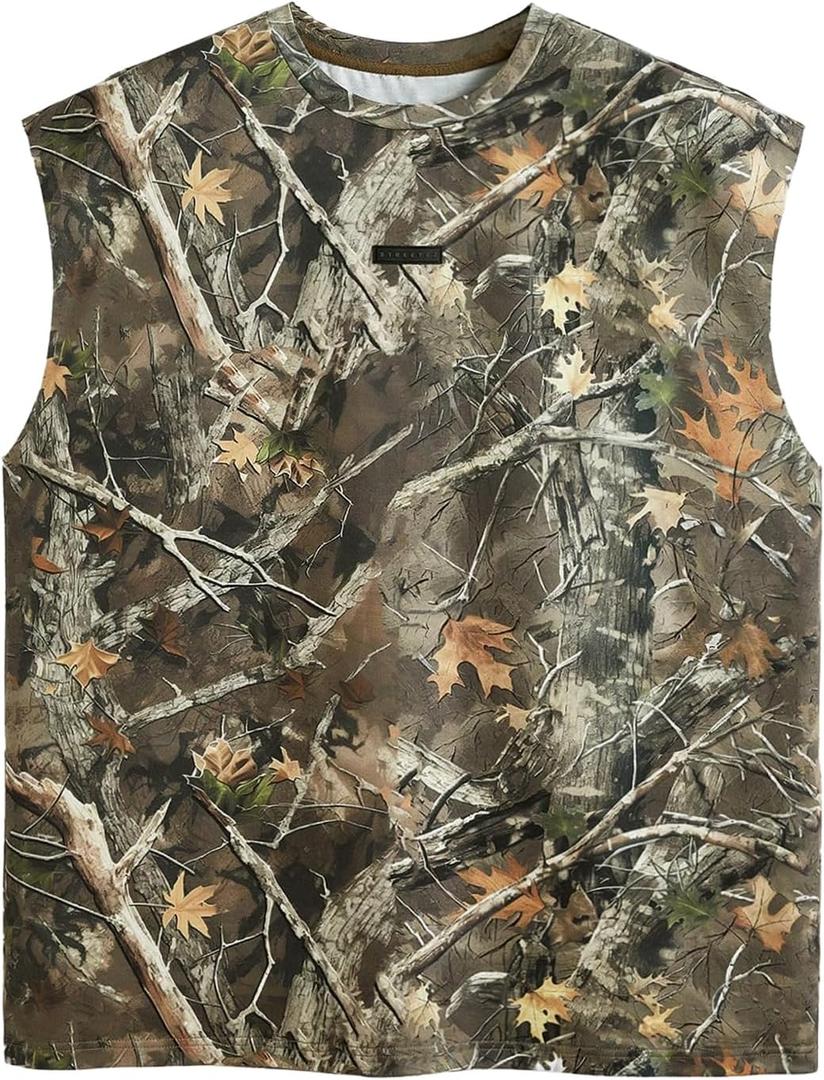 SOLY HUX Men's Camo Print Tank Top Crew Neck Sleeveless Loose T Shirts Summer Outdoor Streetwear (Green, L)