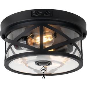 Motion Sensor Outdoor Ceiling Light, Adjustable Black Flush Mount Light Fixture, 2-Light Porch Lights Outdoor, Clear Glass Industrial Exterior Ceiling Lights for Patio, Garage, Entryway, Farmhouse