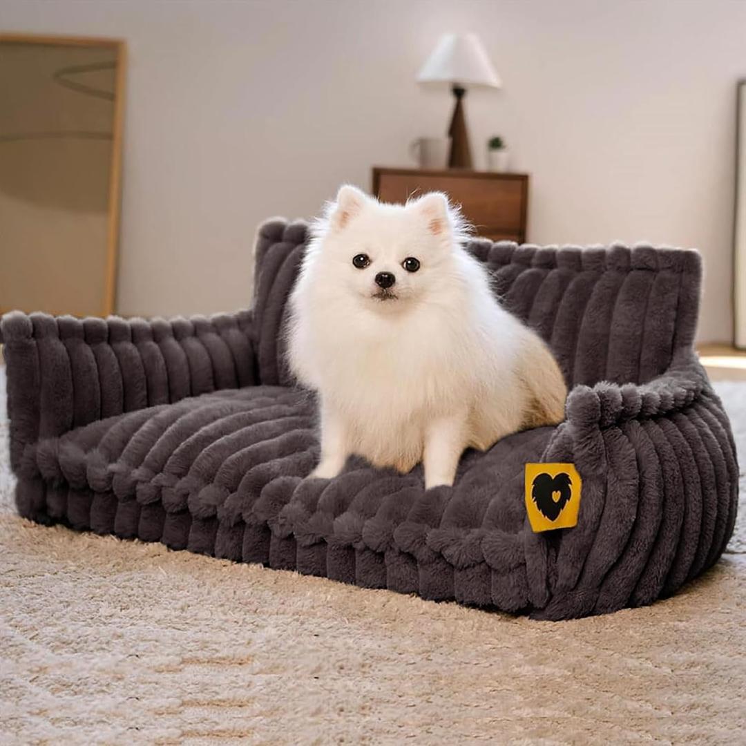 FUNNY FUZZY Dog Bed for Small Dogs - Orthopedic Dog Sofa with Removable Washable Cover and Anti-Slip Bottom, Supportive Foam Pet Couch Bed, Dark Grey, L