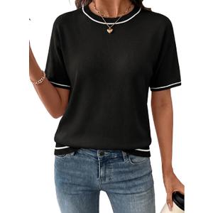 SHEWIN Womens Tops Trendy Short Sleeve Shirts Crewneck Lightweight Knit Sweater Top Business Casual Outfits (Black, L)