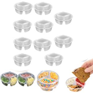 10 Pcs 3 Compartment Condiment Containers with Lids, Reusable Double Compartment Plastic Snack Containers, Grab and Go Snack Containers, for to-go Sauce, Travel Snack (10pcs)