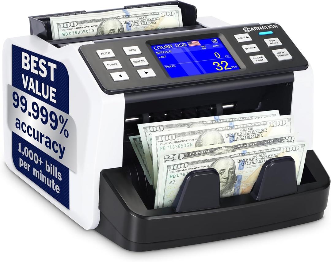 CARNATION Money Counter Machine  Cash Counting & Mixed Denomination Bill Counter, Portable Currency Detector, Counterfeit Bank Scanner, Dollar Sorter for Commercial, up to 1200 N/M, UV/MG/MT/IR/CIS