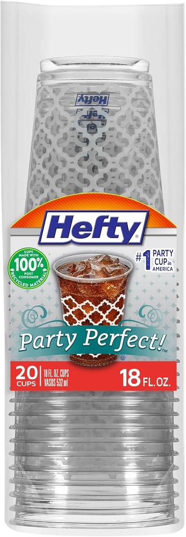 Hefty Party Perfect Printed Clear Plastic Cups, 18 Ounce, 20 Count
