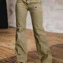 Flamingals Straight Leg Pants for Women Mid Rise Casual Front Patch Pocket Design Solid Seam Pants