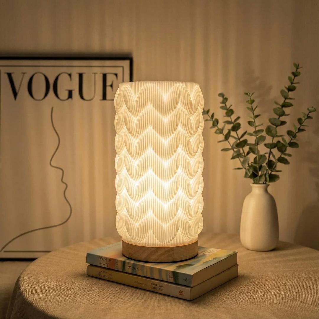 3D Printed Mini Lamp, Small Bedside Lamp with 3-Color Dimmable LED, Small Nightstand Lamp for Tight Spaces, Beautiful Lamp with Wooden Base - Honeycomb (Bubble)