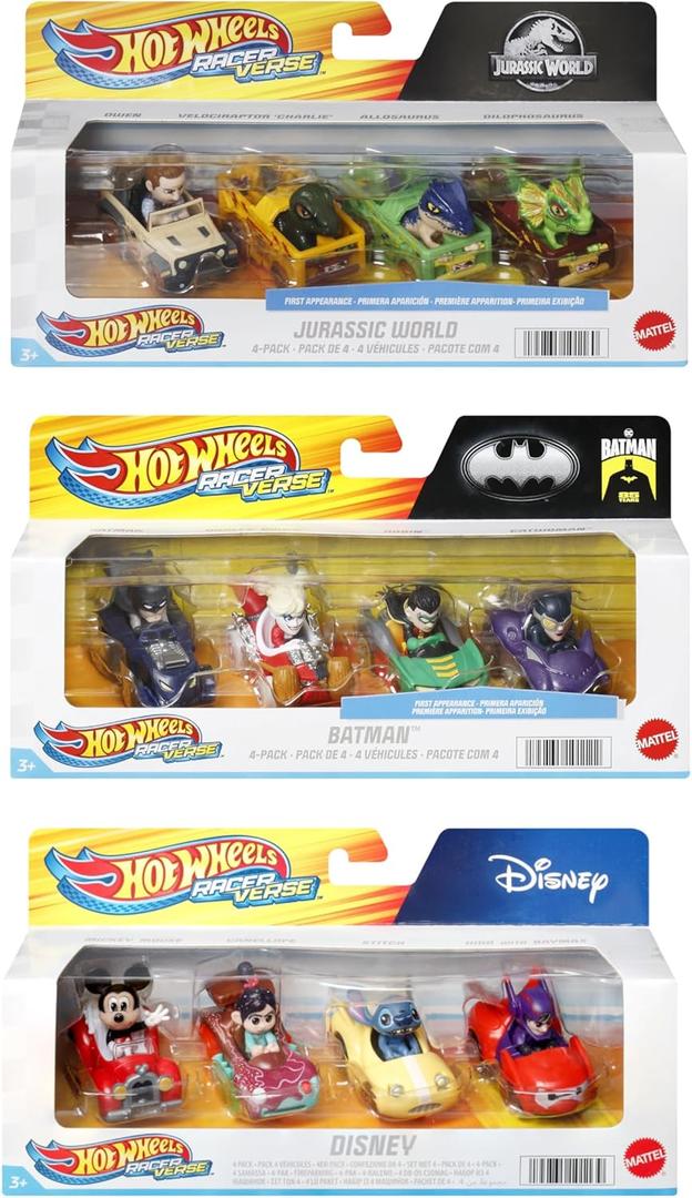 Hot Wheels RacerVerse, Set of 4 Die-Cars 1:64 Scale Toy Cars Optimized for Driving on Tracks with Pop Culture Characters as Drivers