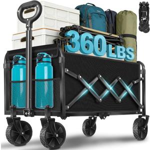 Collapsible Wagon Cart with All-Terrain Wheels - Folding Utility 360LBS Heavy Duty Wagons Carts for Grocery Sports Garden Shopping Camping Fishing (Black, 120L)