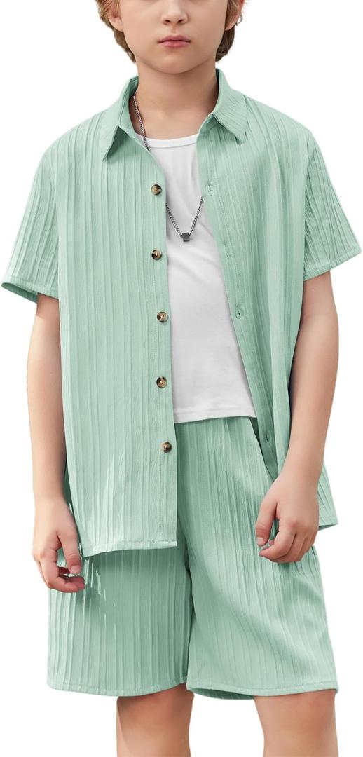 Arshiner Boy's Textured Button Up Shirt and Shorts Set 2 Piece Summer Beach Outfit for 5~12 Years Kids (7-8 Years, Light Green)