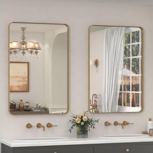 CHARMOR 2 Pack of 24x36 Gold Bathroom Mirror, Rounded Rectangle Gold Frame Mirror, Brushed Gold Brass Bathroom Vanity Mirror Wall-Mounted, Anti-Rust, Hangs Horizontally or Vertically