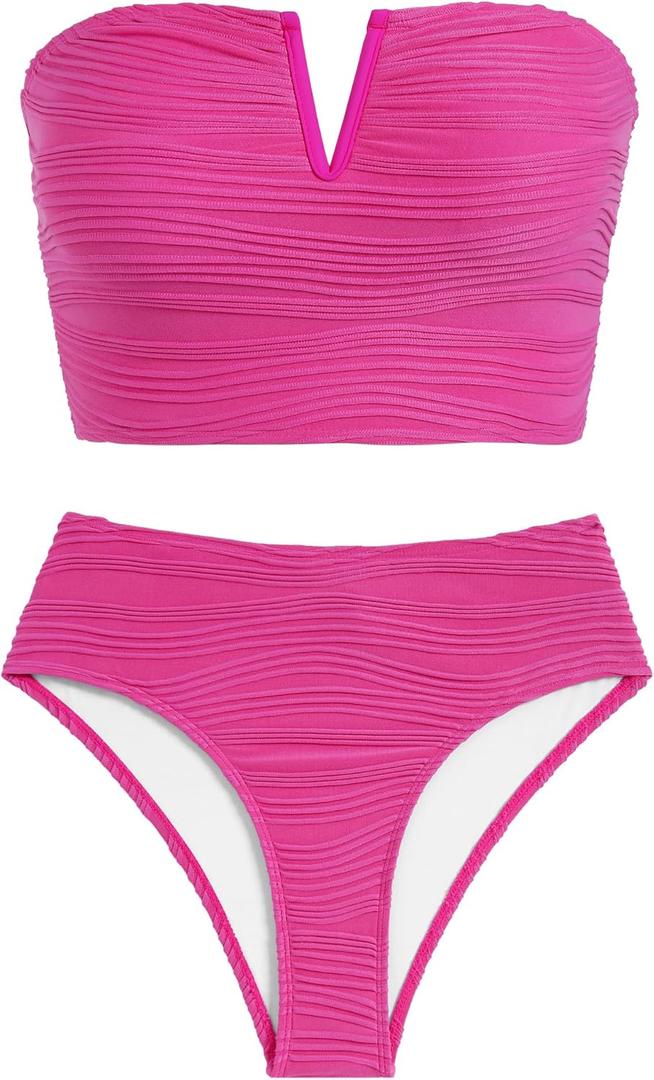 ZAFUL Womens Bandeau Bikini Set Strapless Textured Two Piece Lace up Bathing Suits High Waisted V-Neck Swimsuits (Medium, Hot Pink)
