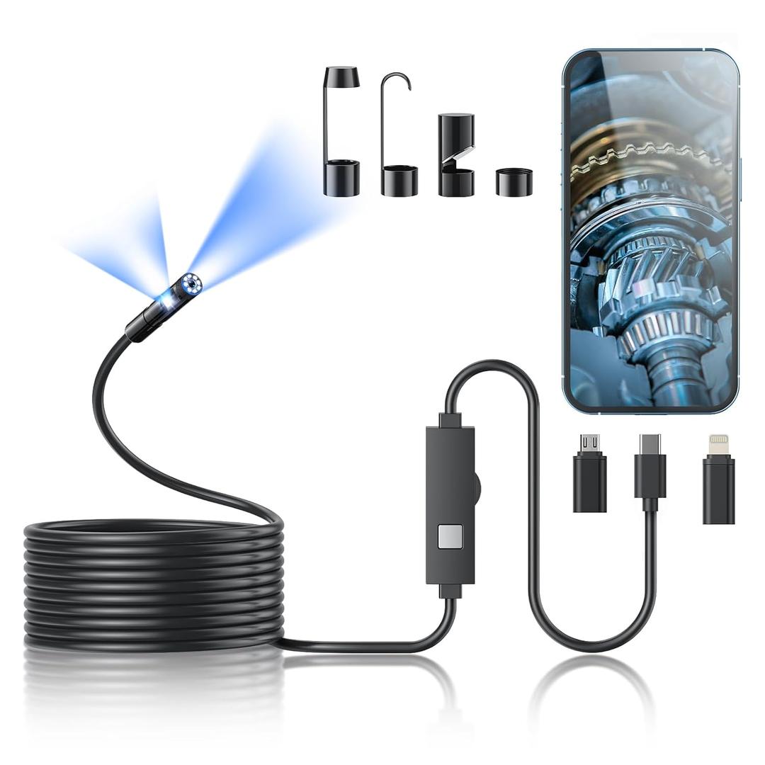 Endoscope Camera with Light,1920P HD Borescope Tools with 8 Adjustable LED Lights, Endoscope with Semi-Rigid Snake Camera, IP67 Waterproof Inspection Borescope for iOS and Android-16.4ft Dual-Lens