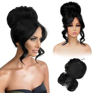 REECHO Messy Bun Hair Piece with Bangs 2-in-1 Drawstring Ponytail Extension Updo Wig & Hair Topper with Long Side Bangs, Natural-Looking Hair Bun Hairpieces for Women - Black
