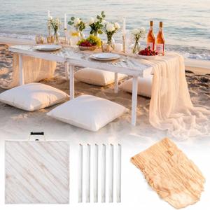 Novabright 4 Person 21.5 x 43 Inches Boho Table Low Folding Picnic Table Beach Portable Low Wood Floor Event Foldable Garden Wedding Party Camping Picnic with Runner Set(Retro White)