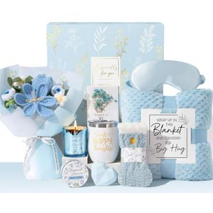 Birthday Gifts for Women Self Care Package Get Well Soon Gift Baskets, Thinking of You Sympathy Spa Gift Set w/ Crochet Flower Bouquet, Unique Easter Gifts Basket for Women Her Wife Girlfriend Mom (Blue - Bergamot Jasmine)