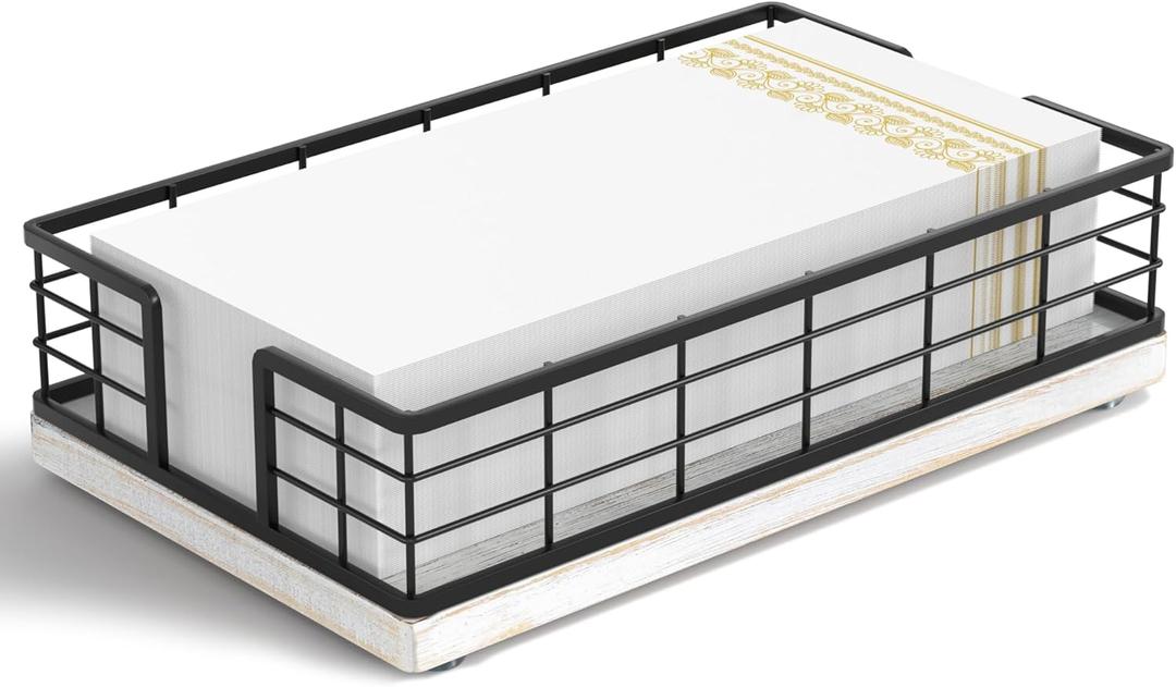 Wican Guest Towel Holder Tray for Bathroom, Oak and Iron Napkins Holder for Powder Room Dinning Table Wooden Basket for Disposable Paper Hand Towels Black and Farmhouse White (9.06 x 5.51 x 2.56 inchs)