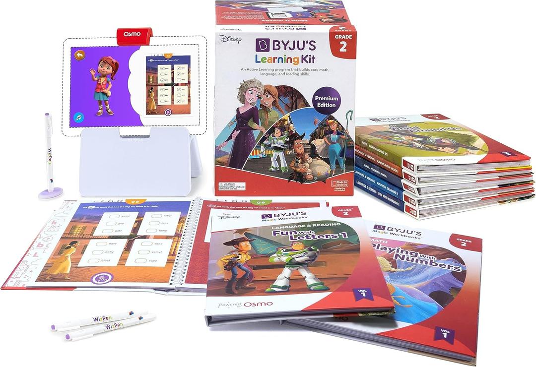 BYJUS Learning Kits: Disney, 2nd Grade Premium Edition (App + 8 Workbooks) Ages 6-8, Featuring Disney & Pixar Characters - Learn Grammar, Multiplication/Division & Writing - Osmo Fire base included