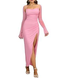 HTZMO Women's Sequin Long Sleeve Maxi Dress Sexy Halter Side Split Bodycon Formal Cocktail Party Glitter Dresses Pink S