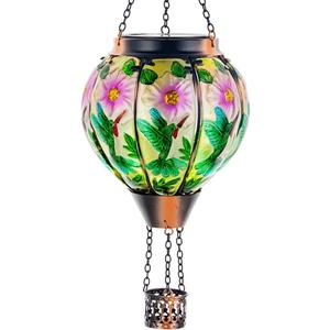 DREAMSOUL Hummingbird Hot Air Balloon Solar Lantern, Hanging Solar Lanterns Outdoor with Flickering Flame Light, Metal & Glass Solar Lanterns Outdoor Waterproof for Patio Yard Decor