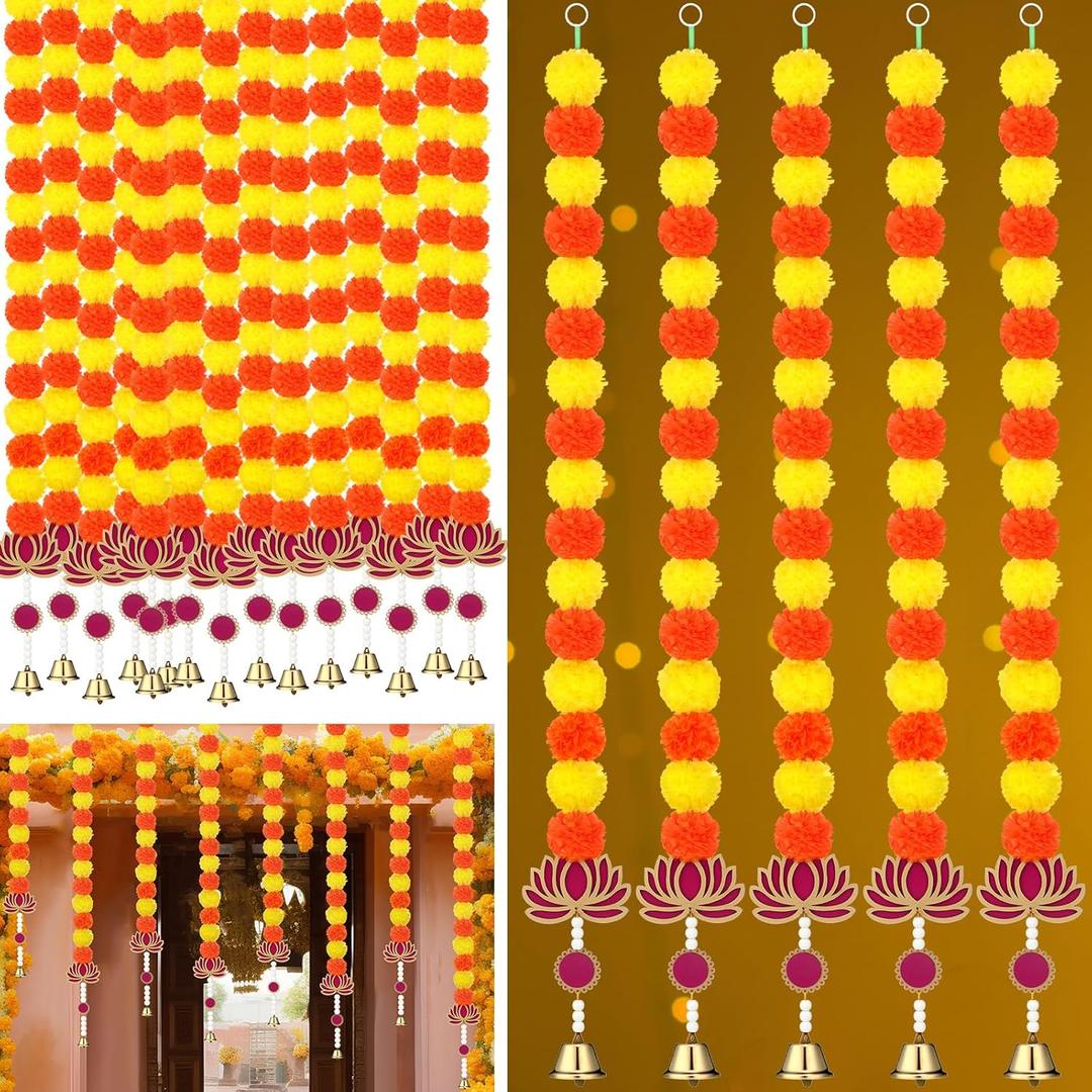 5 Pcs 50 Inch Diwali Artificial Marigold Garland with Wooden Lotus Hanging for Decoration Indian Pooja Decor Lotus Flower Decor Indian Pooja Ganesh Decorations for Home Wall New Year Gift