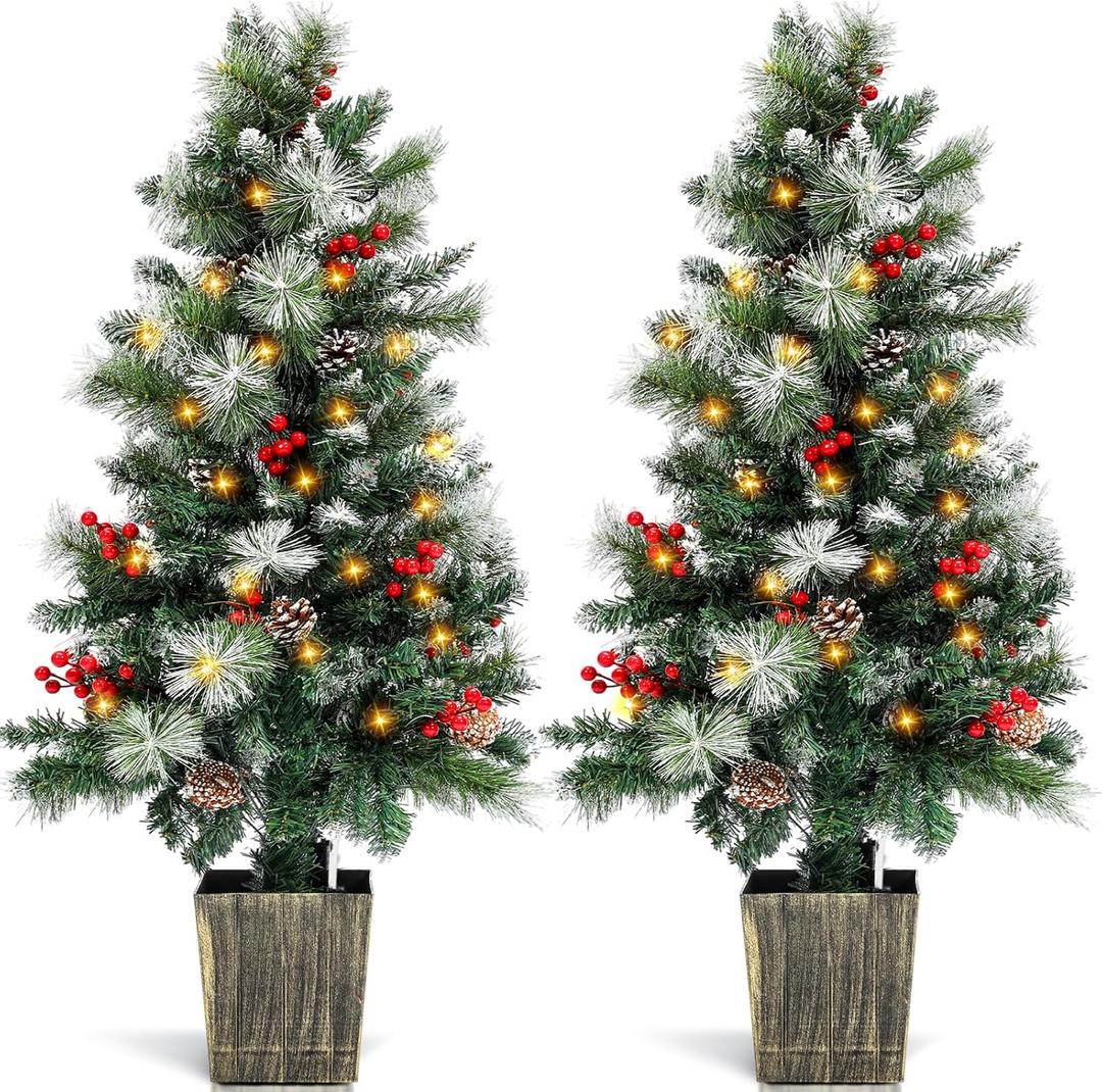 2 Pack 4FT Entrances Christmas Trees for Porch Pre Lit Artificial Pathway Potted Xmas Tree with 100 LED Lights 8 Mode Remote Control Berries Pine Cones for Front Door Driveway Yard Outdoor