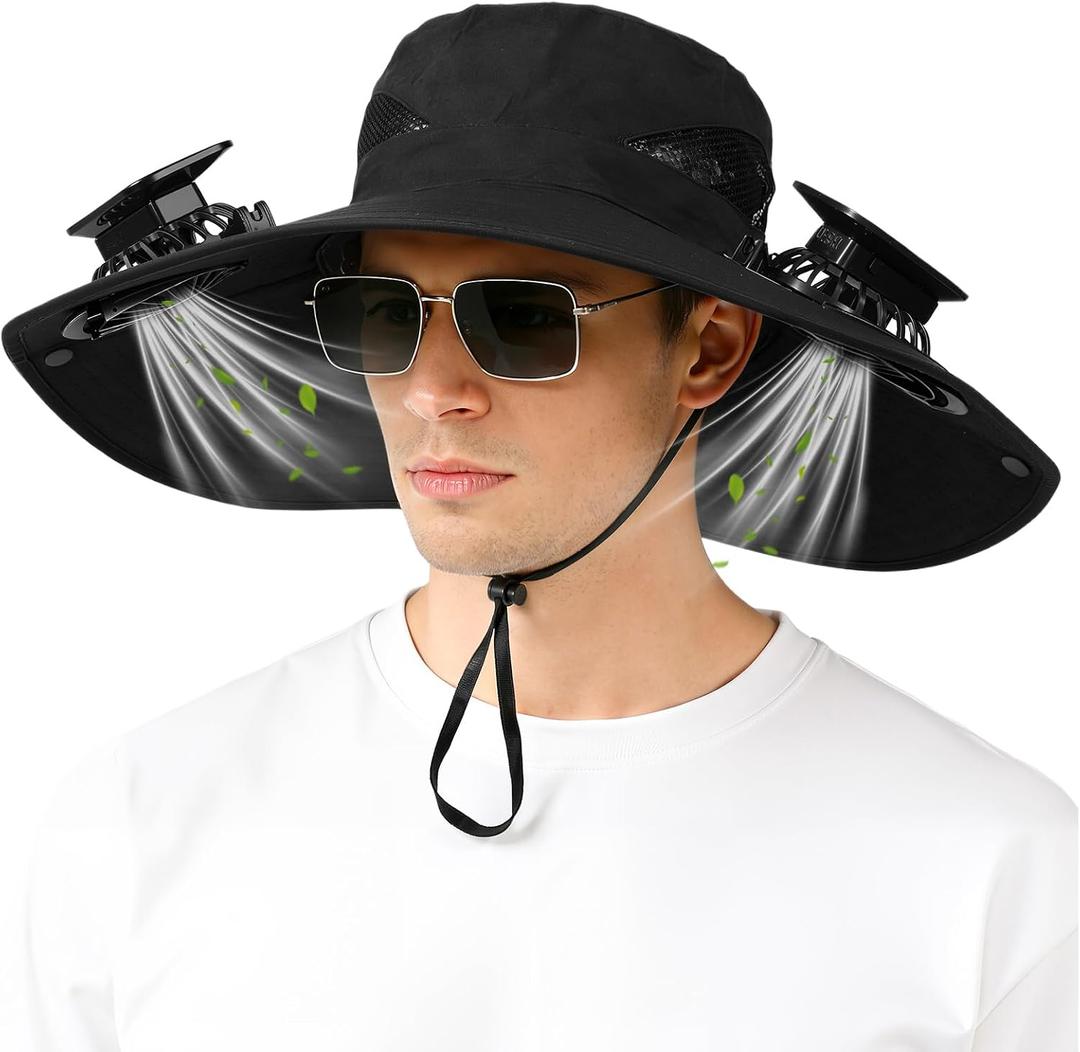 Solar Fan Hat,Solar Powered Fan Hat for Men Women,Wide Brim Sun Hat with 2 Solars Fan,2-in-1 Hands-Free Hats Fans (Black)