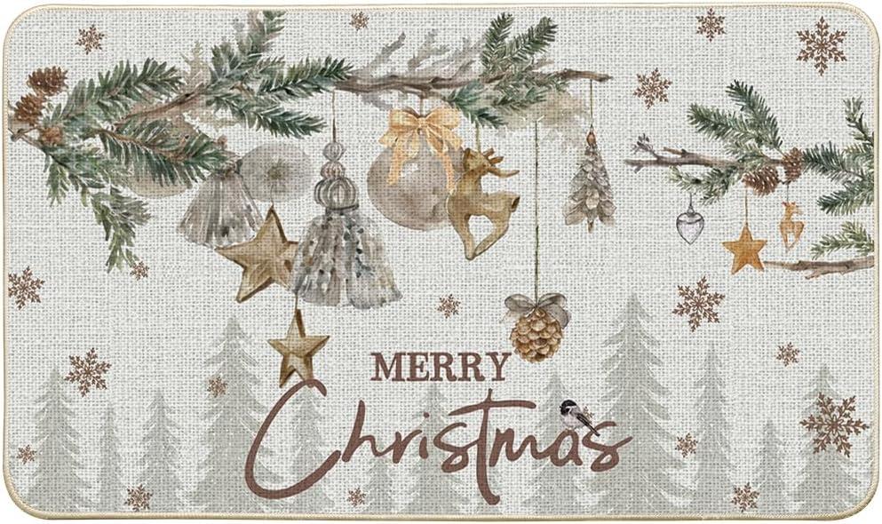 Artoid Mode Xmas Tree Birds Ornament Merry Christmas Doormat, Winter Low-Profile Switch Rug Home Decor Door Mat Floor Mat for Outdoor Indoor 17x29 Inch